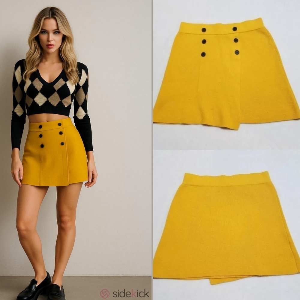 Ann Taylor Retro Y2K Golden Yellow Waffle Knit Wool Blend Faux Wrap Mini Skirt